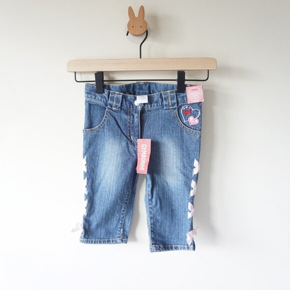 NEW Gymboree Y2K Heart Ribbon Embroidered Denim Capris Blue Kids Size 4 - Picture 1 of 11